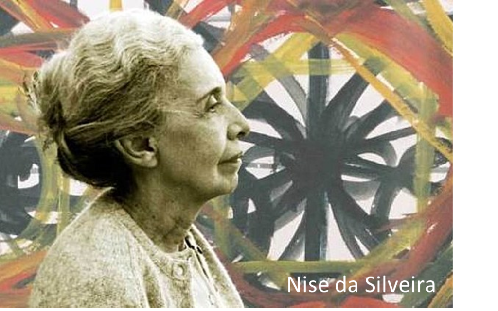 Profile of a woman with gray hair against abstract colorful background.