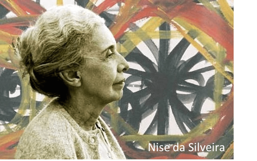 Profile of a woman with gray hair against abstract colorful background.