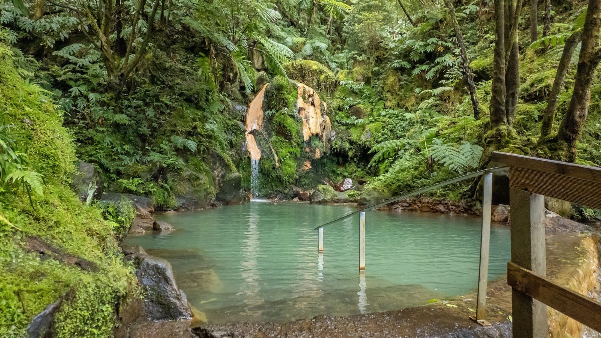 Small waterfall flowing into a turquoise pool surrounded by lush green forest.