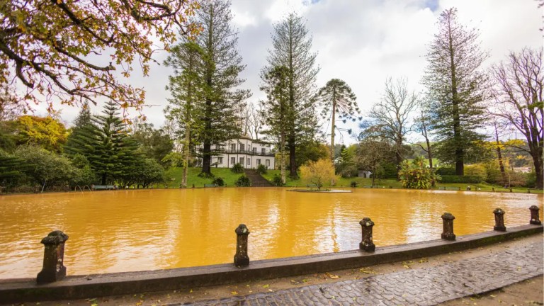 House by a muddy brown pond surrounded by trees with a cobblestone path in foreground.